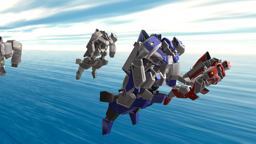 3d cloud commentary_request day fleet flying kikou_souseiki_mospeada legioss mecha mei_(gajira) mospeada ocean realistic robot science_fiction