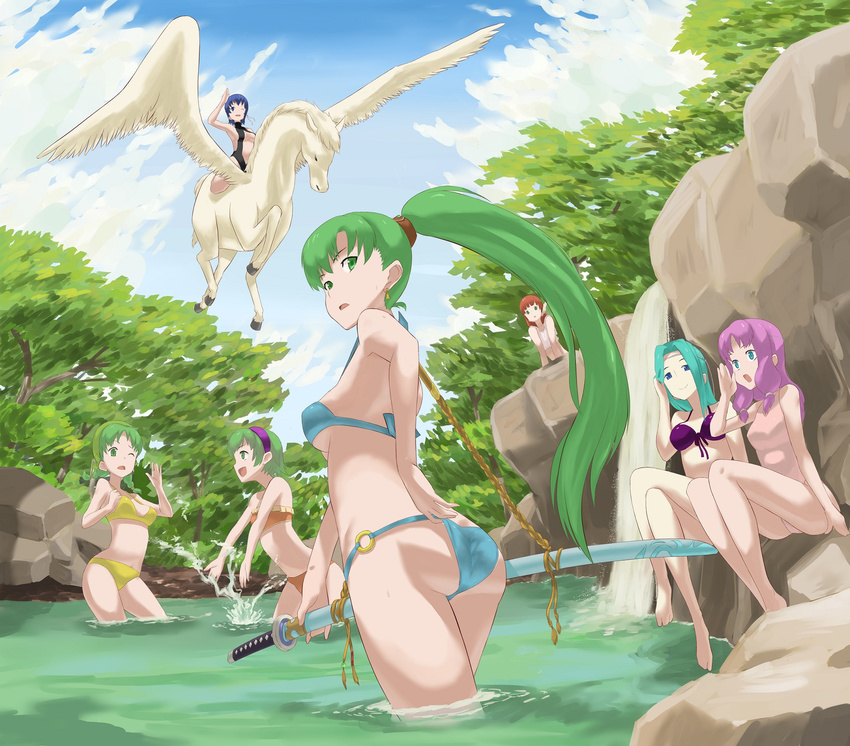 6+girls ass bad_anatomy bikini blush braid breasts check_commentary commentary commentary_request day farina_(fire_emblem) fiora_(fire_emblem) fire_emblem fire_emblem:_the_blazing_blade fire_emblem_heroes florina_(fire_emblem) forest gashado_kuro green_eyes green_hair high_ponytail highres long_hair looking_at_viewer lyn_(fire_emblem) medium_breasts multiple_girls nature nino_(fire_emblem) outdoors pegasus pegasus_knight_uniform_(fire_emblem) ponytail priscilla_(fire_emblem) purple_hair rebecca_(fire_emblem) short_hair swimsuit twin_braids water