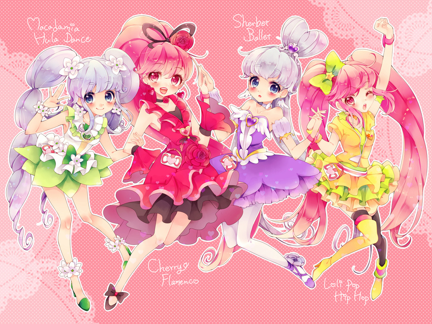 4girls :d aino_megumi alternate_form arm_grab arm_up asymmetrical_footwear ballerina bare_legs blue_eyes blue_hair blue_skirt blush bow brooch choker commentary_request cure_lovely cure_lovely_(cherry_flamenco) cure_lovely_(lollipop_hip_hop) cure_princess cure_princess_(macadamia_hula_dance) cure_princess_(sherbet_ballet) dress dual_persona earrings flower flower_earrings frills full_body green_skirt hair_bun hair_flower hair_ornament hairbow half_updo happinesscharge_precure! heart heart_brooch heart_earrings heart_hair_bun high_ponytail highres holding_hands jewelry lipstick long_hair magical_girl makeup mismatched_footwear multiple_girls one_eye_closed open_mouth pantyhose pink_background pink_eyes pink_hair polka_dot polka_dot_background ponytail precure red_dress red_flower red_rose red_wrist_cuffs rose shirayuki_hime shoes single_hair_bun skirt smile star_(symbol) star_earrings strapless strapless_dress thighhighs tiara twintails uzuki_aki white_legwear wide_ponytail wing_brooch wing_earrings wrist_cuffs yellow_skirt