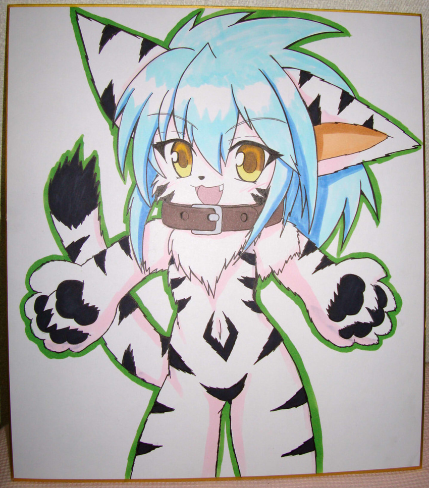 bad_id bad_pixiv_id blue_hair collar female furry furry_female fuurin_rei highres long_hair nude open_mouth original shikishi smile solo tail tomoyan_(nyakkoya) traditional_media yellow_eyes