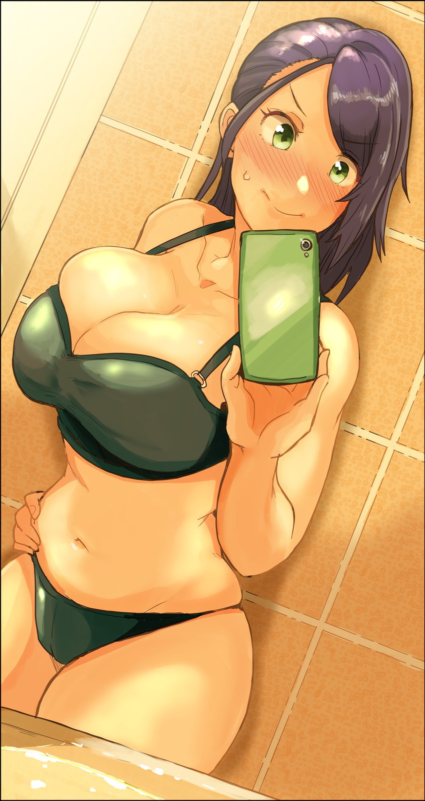 41_(taskmaster41) bad_id bad_twitter_id bathroom black_bra black_hair black_panties blush bra breasts cellphone cleavage commentary female green_eyes hand_on_own_hip highres idolmaster idolmaster_cinderella_girls large_breasts light_smile navel panties phone ponytail selfie solo standing sweatdrop tile_wall tiles undersized_clothes underwear underwear_only yamato_aki