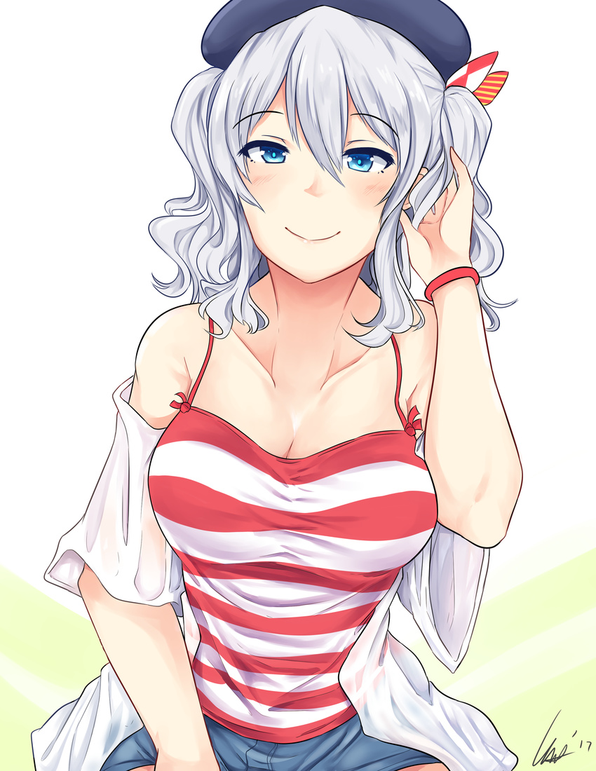 absurdres alternate_costume bare_shoulders beret blue_eyes blush bracelet camisole closed_mouth commentary english_commentary female grey_hair hair_ornament hand_in_own_hair hat highres jewelry kantai_collection kashima_(kancolle) looking_at_viewer shirt shorts smile solo striped_clothes striped_shirt tucking_hair twintails wangphing wavy_hair