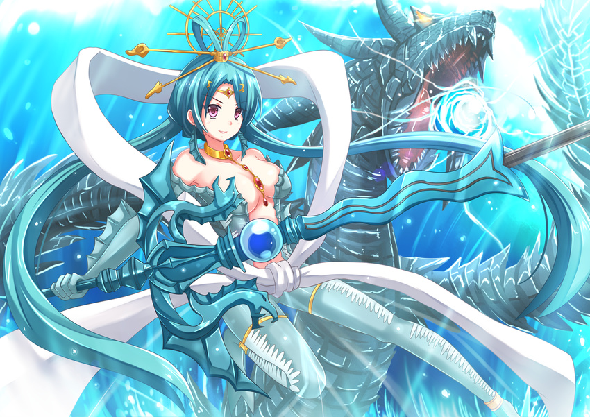 armor blue_hair breasts choker cleavage dragon headdress kazenokaze long_hair magi magi_the_labyrinth_of_magic pink_eyes ren_kougyoku sword twintails weapon