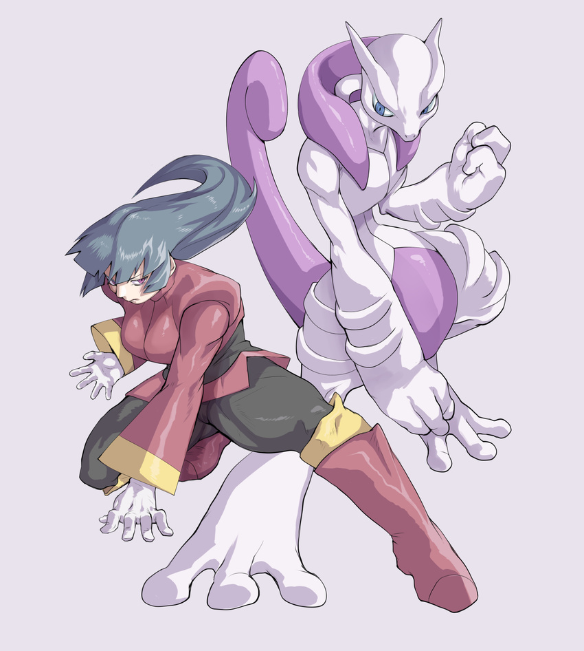 female ganguro_(zerodigiporu) gym_leader long_hair mega_mewtwo_x mega_pokemon mewtwo natsume_(pokemon) nintendo pokemon pokemon_(game) pose serious simple_background solo