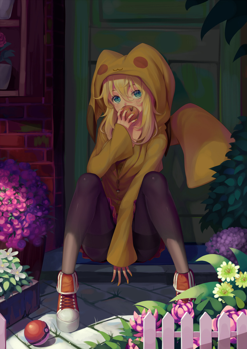 apple black_pantyhose blonde_hair blue_eyes chinese_commentary commentary_request cosplay female food fruit highres long_hair long_legs original pantyhose pikachu pikachu_(cosplay) poke_ball pokemon sitting solo sonikey0_0 thighband_pantyhose