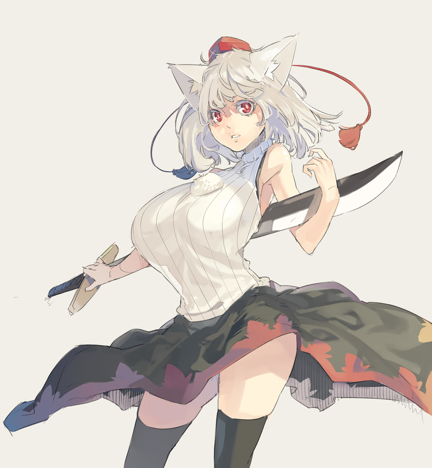 adapted_costume animal_ears armpits bare_arms bare_shoulders black_thighhighs breasts commentary female hat hat_ribbon highres huge_breasts inubashiri_momiji looking_at_viewer muneneko parted_lips red_eyes ribbon shirt skirt sleeveless sleeveless_shirt solo sword tail thighhighs thighs tokin_hat touhou turtleneck weapon white_hair wind wind_lift wolf_ears wolf_tail zettai_ryouiki