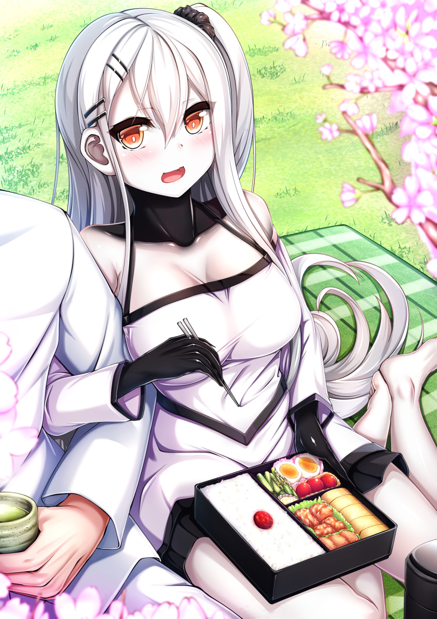 1boy absurdres abyssal_ship admiral_(kancolle) aircraft_carrier_oni alternate_costume blush breasts brown_eyes cherry_blossoms colored_skin commentary_request cup dress female food fuuki_(te_fuukin) grass hair_between_eyes hanami highres kantai_collection large_breasts long_hair military military_uniform naval_uniform one_side_up open_mouth picnic short_dress sitting uniform very_long_hair wariza white_dress white_hair white_skin