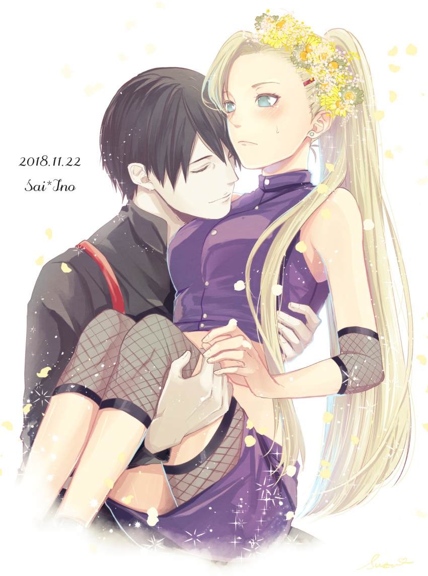 1boy asymmetrical_shorts black_hair black_jacket blonde_hair blue_eyes blush breasts closed_eyes commentary_request crop_top dated dated_commentary earrings female fishnet_legwear fishnets flower hair_flower hair_ornament high_ponytail highres ino_yamanaka jacket jewelry long_hair long_sleeves medium_breasts midriff miniskirt naruto_(series) naruto_shippuuden pencil_skirt purple_skirt sai_(naruto) simple_background skirt stomach suzu_(tg_390) sweatdrop very_long_hair white_background yellow_flower