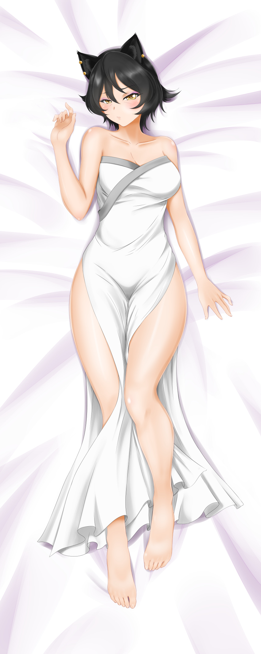 absurdres alfred_cullado animal_ears barefoot black_hair blush breasts cat_ears cleavage collarbone dakimakura dress earrings female from_above full_body highres incredibly_absurdres jewelry kali_belladonna long_dress looking_at_viewer lying makeup mascara medium_breasts on_back on_bed paid_reward patreon_reward rwby shiny shiny_skin short_hair side_slit sleeveless sleeveless_dress solo strapless strapless_dress white_dress yellow_eyes