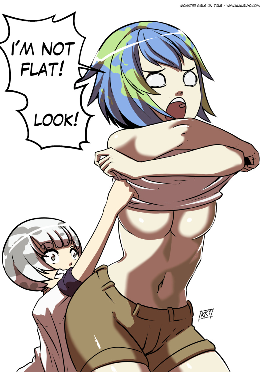 2girls blank_eyes blue_hair breasts bright_pupils cleavage commentary earth-chan english_commentary english_text green_hair highres kukuruyo medium_breasts moon-chan multicolored_hair multiple_girls navel o_o original short_hair shorts signature simple_background underboob undressing white_background white_pupils