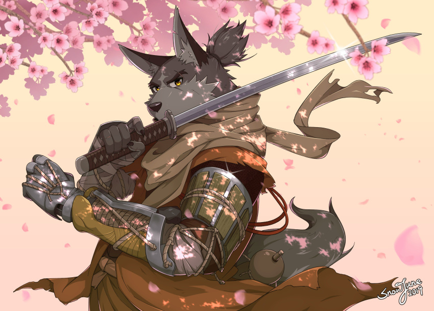 2019 absurd_res anthro canid canine canis clothed clothing digital_media_(artwork) fromsoftware fur hi_res kemono male mammal melee_weapon prosthetic sekiro:_shadows_die_twice snowjune solo sword weapon wolf wolf_(sekiro)