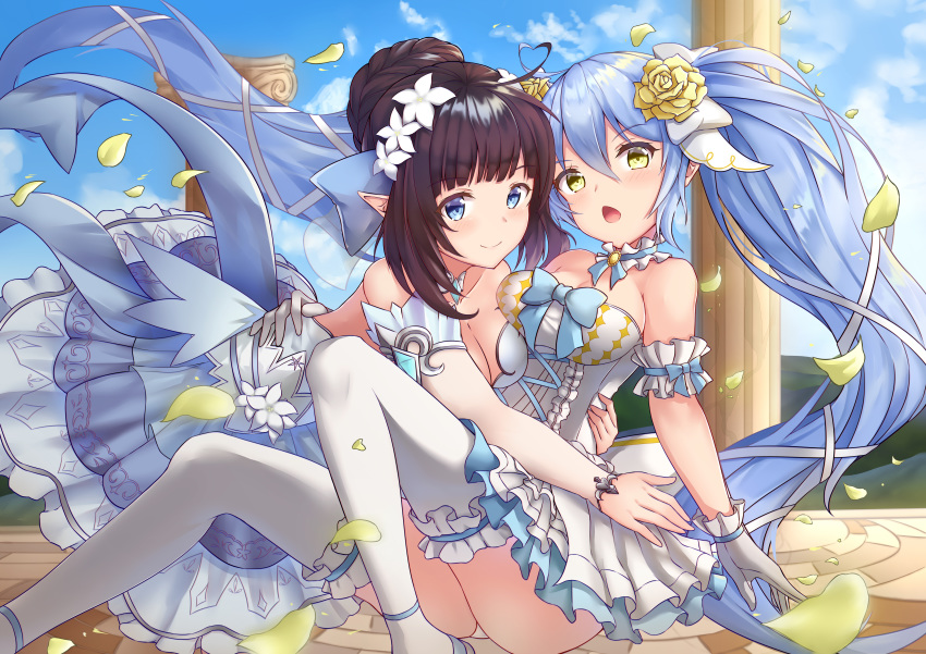 2girls blush bow brown_hair clouds dress elbow_gloves gloves king's_raid long_hair mirianne_(king's_raid) pnt_(ddnu4555) pointed_ears short_hair sky sonia_(king's_raid) thighhighs