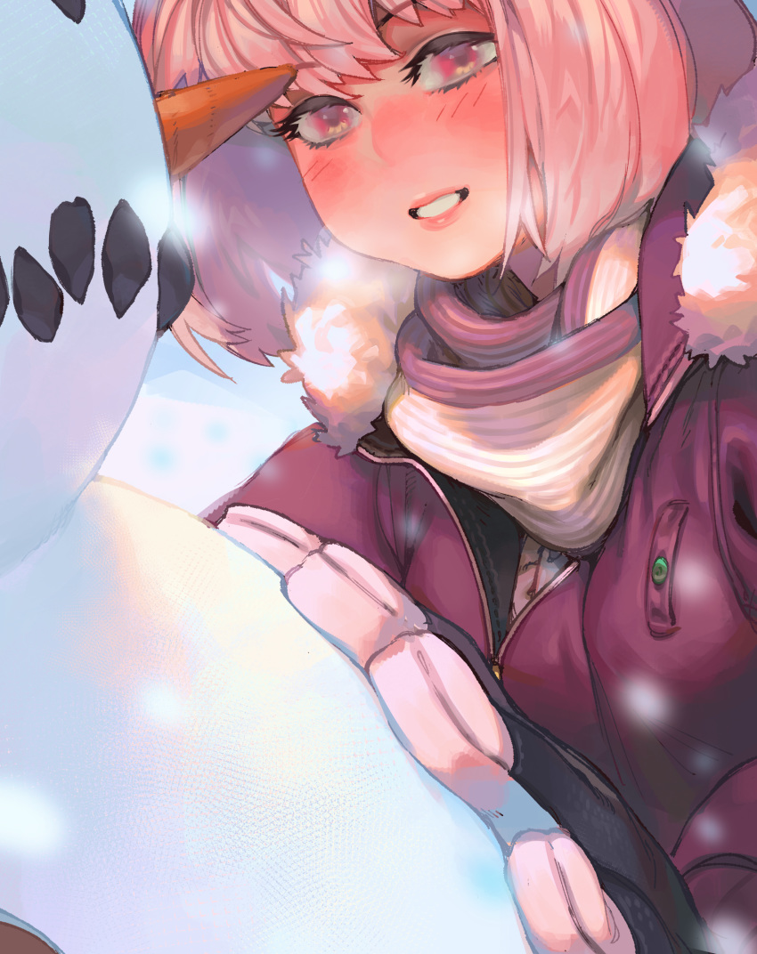 blush breath character_request close-up commentary copyright_request female gloss_(hotglossed) gloves grin highres lips pink_hair purple_eyes scarf short_hair smile snowman solo winter winter_clothes