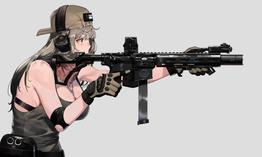 angled_foregrip backwards_hat bad_id bad_pixiv_id black_bra bra breasts cleavage colt_9mm_smg commentary_request dog_tags female green_hair grey_background gun hat headphones headphones_over_headwear highres holding holding_gun holding_weapon ihobus korean_commentary large_breasts long_hair magpul multicolored_hair neckerchief original padded_gloves pouch solo streaked_hair submachine_gun tank_top trigger_discipline underwear upper_body weapon