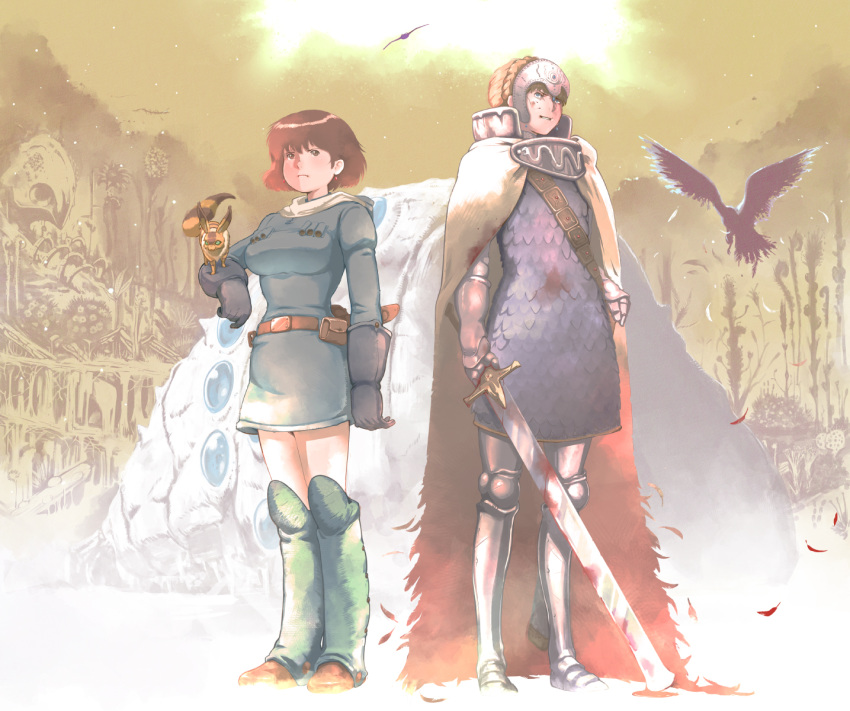 animal armor bird breasts brown_eyes brown_hair closed_mouth commentary crown dress earrings gloves hat highres jewelry kaze_no_tani_no_nausicaa kushana kyoshinhei multiple_girls nausicaa ohmu pet scale_armor short_hair sword takemaru08 teto_(nausicaa) weapon