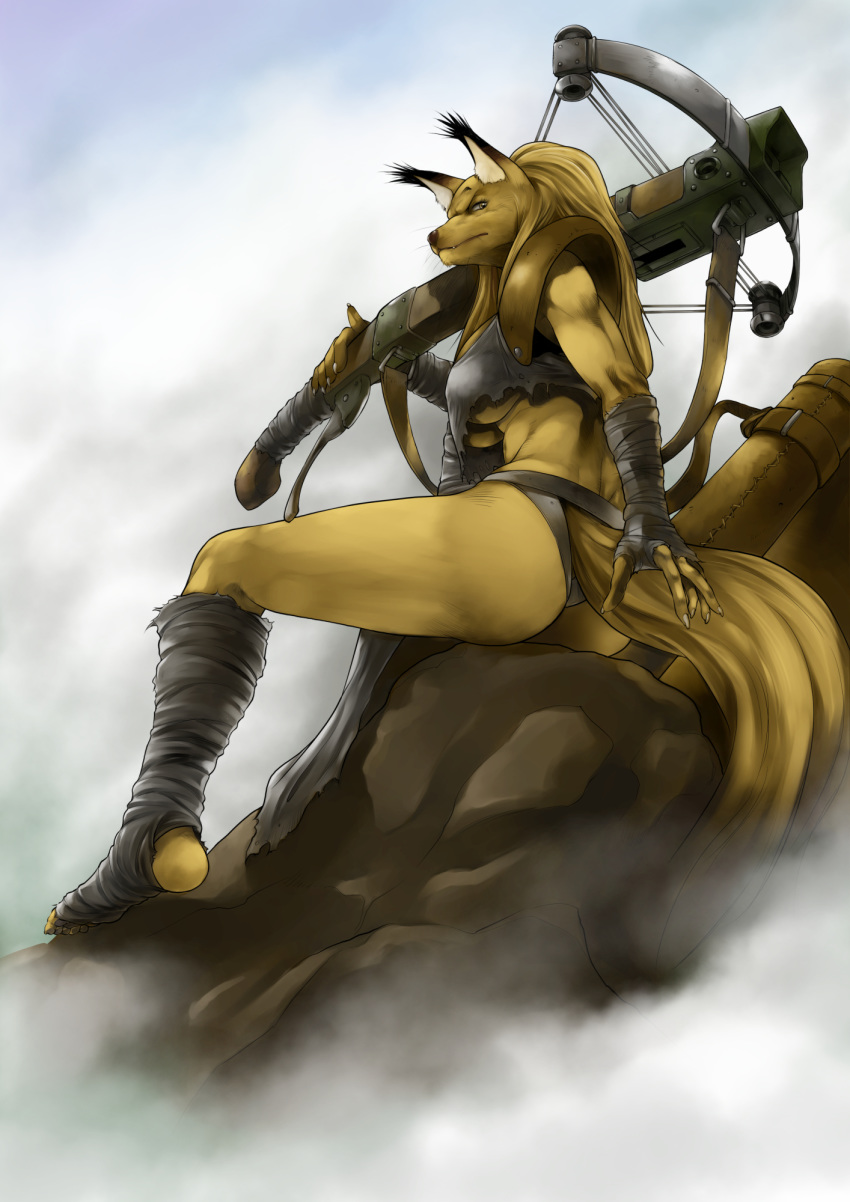 anthro arm_wraps ass athletic blonde_hair bottomwear breasts canid canine claws clothed clothing crossbow dora_systeel ear_tuft feda:_the_emblem_of_justice feet female fog fox fur hair hi_res inner_ear_fluff leg_wraps loincloth long_hair looking_at_viewer looking_down mammal pawpads quiver_(object) ranged_weapon shirt shoulder_pads sitting soles solo toe_claws toes topwear torn_clothing torn_shirt torn_topwear tuft under_boob weapon weapon_on_shoulder wraps yellow_body yellow_eyes yellow_fur yoshitaka_tamaki