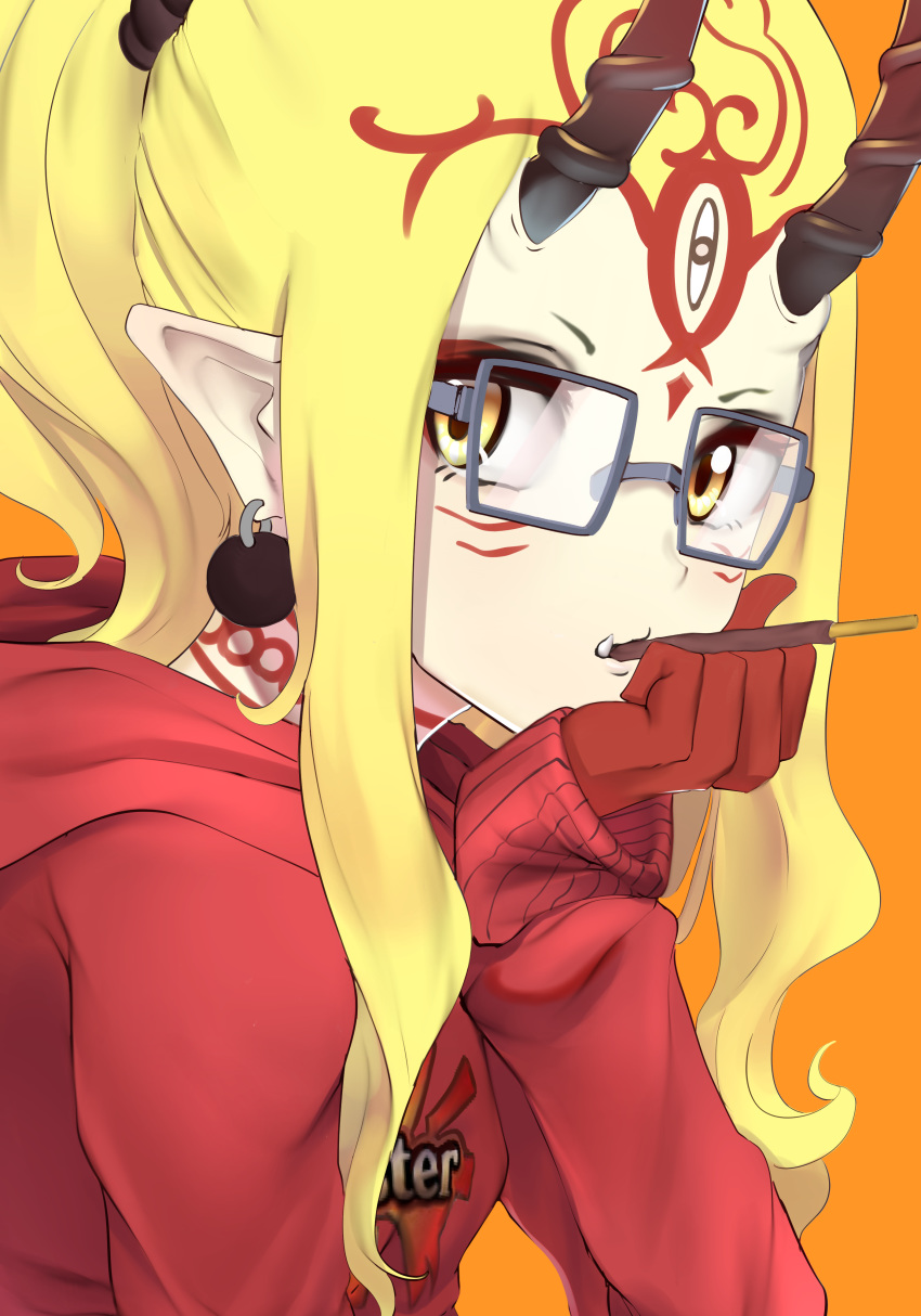 absurdres alternate_costume bespectacled black-framed_eyewear blonde_hair blush casual clothes_writing commentary_request earrings facial_mark fang_out fate/grand_order fate_(series) female food food_in_mouth forehead_mark from_side glasses gloves highres hood hood_down hoodie horns ibaraki_douji_(fate) jewelry long_hair long_sleeves looking_at_viewer looking_to_the_side mouth_hold nakasaku-p oerba_yun_fang orange_background pocky pointy_ears ponytail red_gloves sidelocks simple_background solo upper_body yellow_eyes