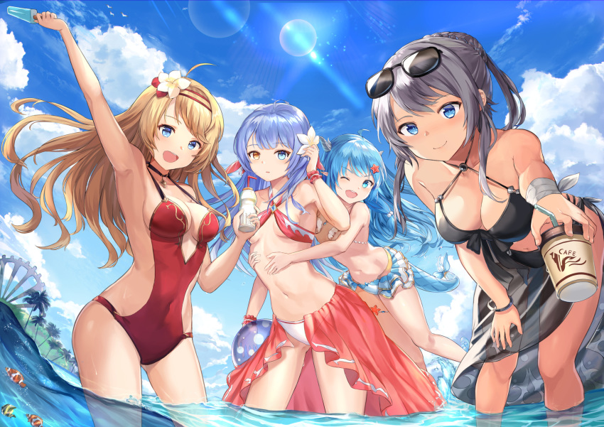 4girls ;d ahoge animal arm_up armpits artemia_(king's_raid) ass_visible_through_thighs bangle beads bent_over bikini bikini_skirt bird black_bikini black_choker blonde_hair blue_eyes blue_hair blue_sky bottle bracelet braid braided_bun breasts brown_eyes choker cleavage closed_mouth cloud cloudy_sky clownfish collarbone commentary_request covered_navel criss-cross_halter cup day disposable_coffee_cup disposable_cup dragon_girl dragon_horns dragon_tail drinking_straw eyewear_on_head fish floating_hair flower food frilled_bikini frills front-tie_bikini_top front-tie_top grey_hair hair_bun hair_flower hair_ornament halterneck hand_on_own_thigh hand_up heterochromia highres holding holding_bottle holding_cup horns hug hug_from_behind innertube jewelry kara_(king's_raid) king's_raid large_breasts leaning_forward lens_flare lilia_(king's_raid) long_hair looking_at_viewer medium_breasts mosta_(lo1777789) multiple_girls navel ocean one-piece_swimsuit one_eye_closed open_mouth outdoors palm_tree parted_lips pointy_ears popsicle red_bikini ribbon sarong scarlet_(king's_raid) sidelocks single_hair_bun sky small_breasts smile standing stomach sun sunglasses sunlight swim_ring swimsuit tail tail_ornament tail_ribbon tree v-shaped_eyebrows wading water wavy_hair white_bikini white_flower wrist_cuffs wrist_ribbon