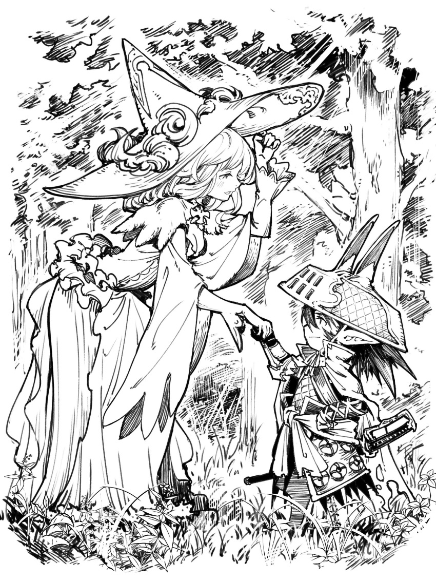 1boy absurdres ajirogasa breasts cleavage commentary_request dress female forest granblue_fantasy greyscale harvin hat highres katana lennah long_dress mephisto_(angraecum) monochrome nature pointy_ears sevilbarra size_difference smile sword traditional_media weapon witch_hat