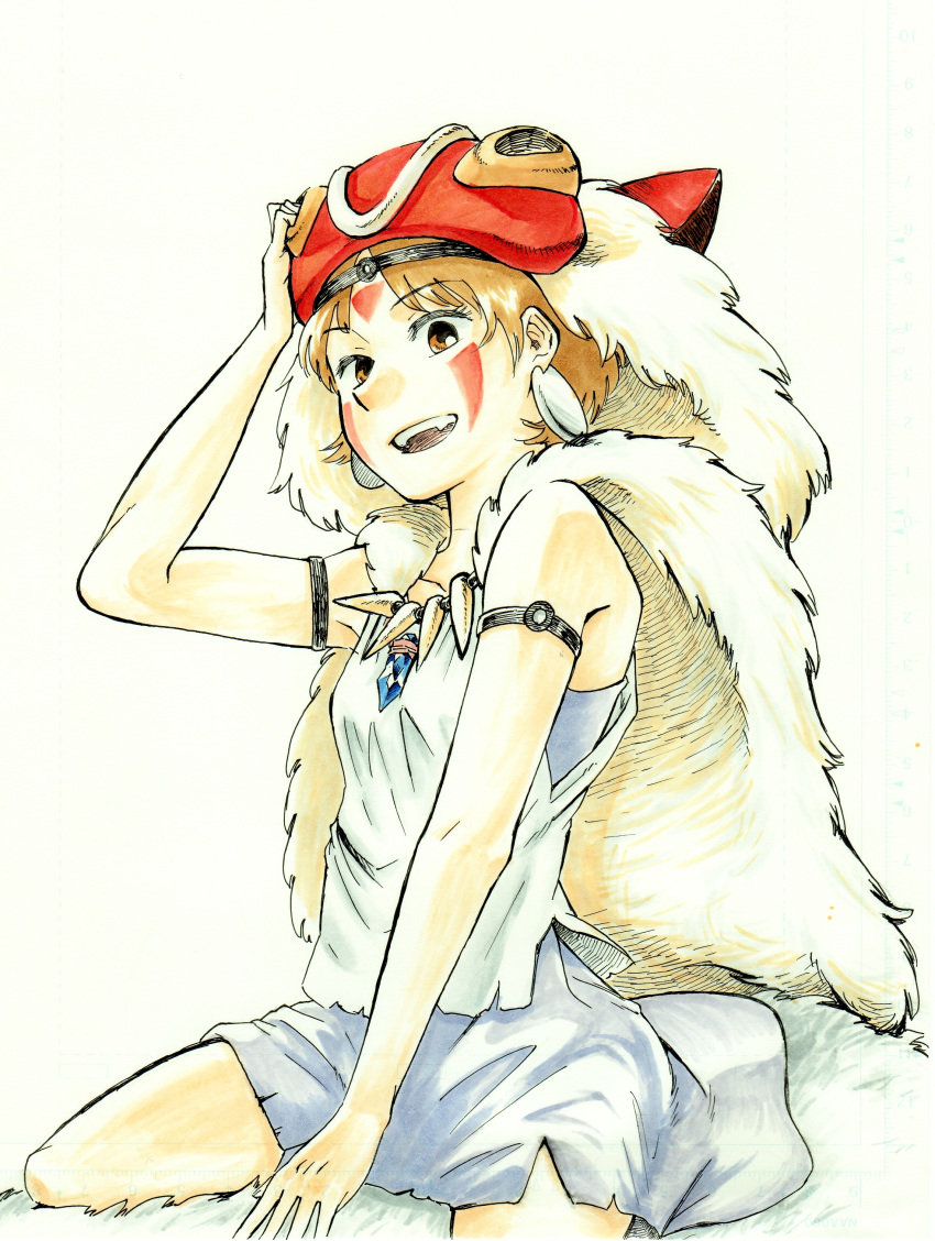 absurdres bad_id bad_pixiv_id ballpoint_pen_(medium) bare_arms breasts brown_hair commentary_request earrings facepaint facial_mark female fur headband highres jewelry kyunta looking_at_viewer marker_(medium) mask mononoke_hime necklace san_(mononoke_hime) short_hair simple_background smile solo studio_ghibli tooth_necklace traditional_media white_background