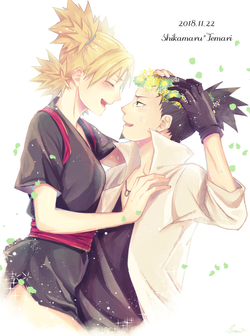 1boy :d black_gloves black_hair black_kimono black_shirt blonde_hair closed_eyes commentary_request couple dated female from_side gloves hand_on_head head_wreath highres japanese_clothes jewelry kimono nara_shikamaru naruto_(series) naruto_shippuuden necklace open_clothes open_mouth open_shirt ponytail profile shirt short_sleeves smile straight suzu_(tg_390) temari_(naruto) tied_hair white_background white_shirt