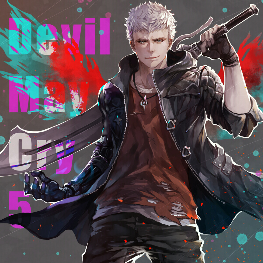 1boy black_gloves blue_coat blue_eyes bracelet closed_mouth coat collarbone commentary_request devil_breaker devil_may_cry_(series) devil_may_cry_5 english_text fingerless_gloves gloves highres holding holding_sword holding_weapon jewelry male_focus md5_mismatch mechanical_arms necklace nero_(devil_may_cry) paint_splatter red_queen_(sword) red_shirt senano-yu shirt single_mechanical_arm sleeves_rolled_up smile solo sword torn_clothes weapon white_hair zipper