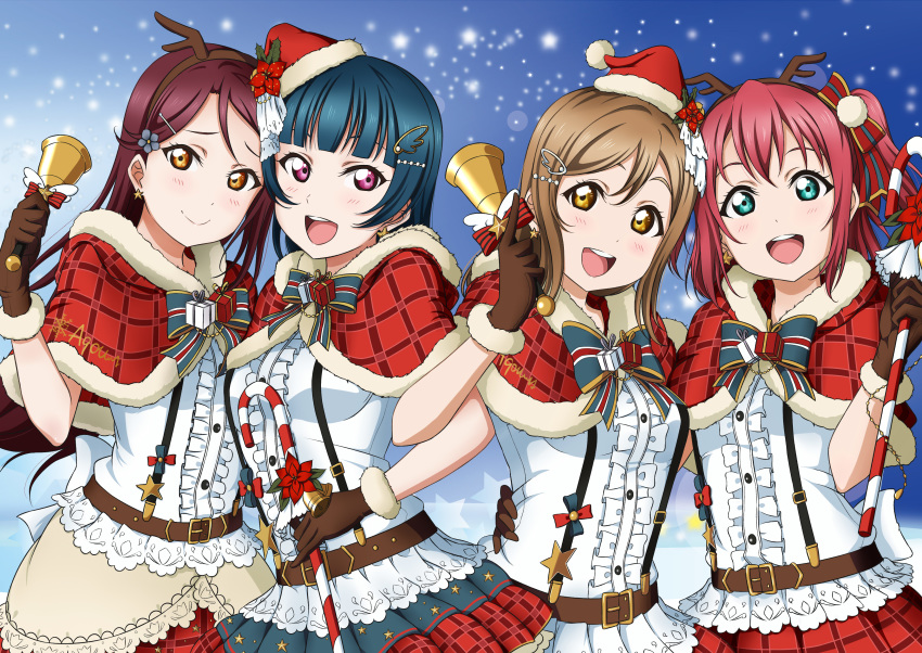 4girls :d absurdres belt blue_background blue_eyes blue_hair blunt_bangs brown_eyes brown_hair capelet commentary_request dress_shirt fur-trimmed_capelet fur_trim highres jingle_bells_ga_tomaranai kunikida_hanamaru kurosawa_ruby long_hair looking_at_viewer love_live! love_live!_sunshine!! mell_ast multiple_girls open_mouth pink_eyes plaid plaid_skirt pleated_skirt print_skirt red_capelet red_hair red_skirt sakurauchi_riko shirt skirt smile standing star_(symbol) star_print suspenders tsushima_yoshiko upper_body very_long_hair white_shirt white_skirt