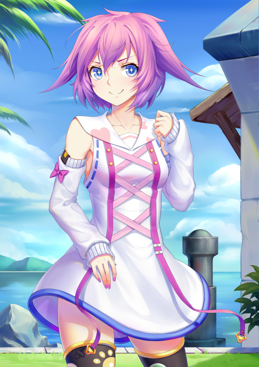 +_+ absurdres blue_eyes blue_sky breasts building chinese_commentary collarbone commentary day detached_sleeves dress female highres looking_at_viewer medium_breasts nail_polish original outdoors palm_tree purple_hair short_hair sky smile solo sonikey0_0 thighhighs tree water white_dress