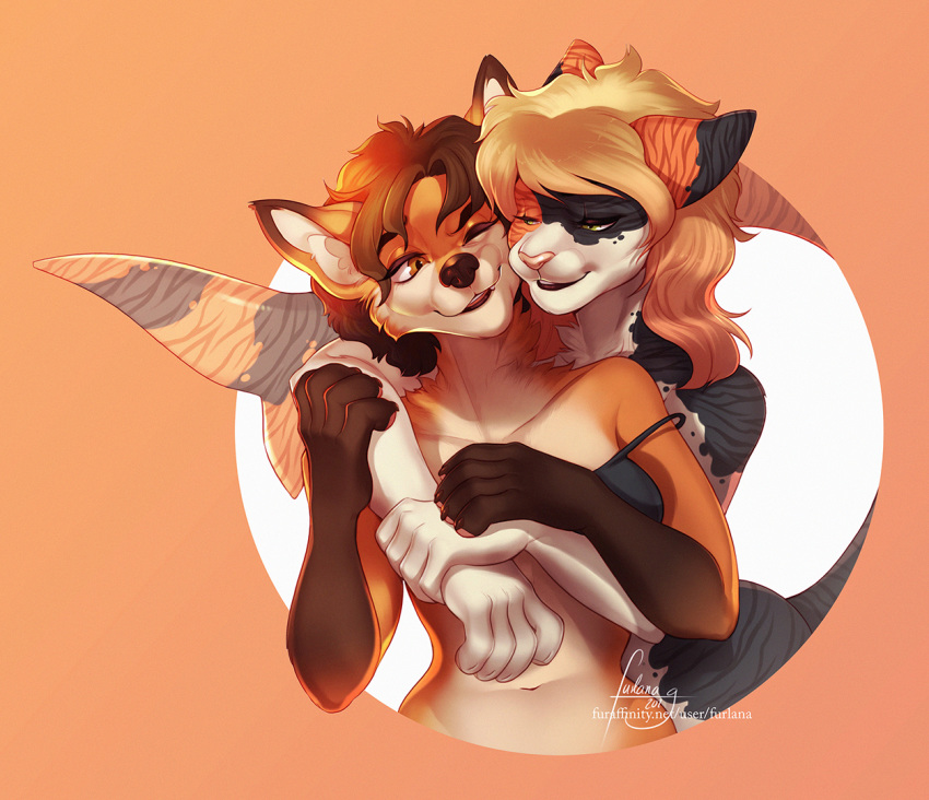 2019 5_fingers anthro black_nose blonde_hair bra breasts brown_hair canid canine clothing digital_media_(artwork) duo female fin fingers fox furlana green_eyes hair hybrid iris_(zepompom) lyra_(zepompom) mammal marine pink_nose red_fox shaded simple_background smile true_fox underwear