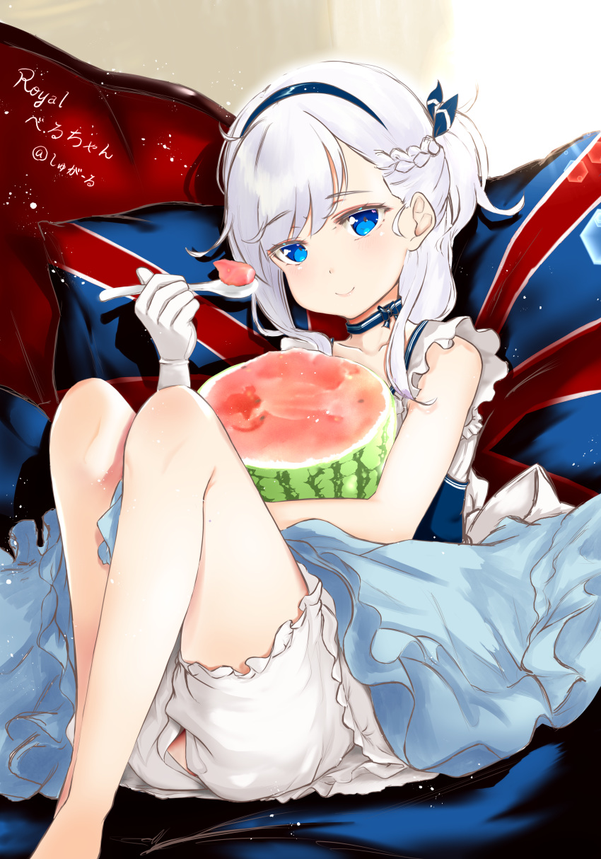 absurdres azur_lane bloomers blue_eyes blue_skirt braid character_name chewing commentary_request dress eating female food french_braid fruit fruit_cup hair_ribbon hairband highres holding holding_spoon ke-ta_(style) knees_up little_bel_(azur_lane) looking_at_viewer maid neck_ribbon pillow ribbon shugaru sitting skirt sleeveless sleeveless_dress solo spoon underwear union_jack watermelon white_hair