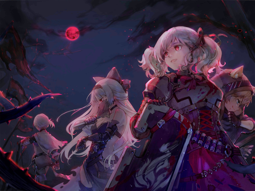 4girls alternate_hairstyle animal_ears armor axe bad_link bandolier battle_axe blood blood_stain breasts cat_ears cleavage contender_(dragon's_son)_(girls'_frontline) contender_(girls'_frontline) dagger dancer eclipse fantasy forest full_moon girls'_frontline glowing glowing_eyes highres hood idw_(cloak_and_cat_ears)_(girls'_frontline) idw_(girls'_frontline) imoko_(imonatsuki) knife knight lunar_eclipse moon mouth_veil multiple_girls nature night official_alternate_costume official_art red_eyes red_moon shield shotgun_shell spas-12_(girls'_frontline) spas-12_(goblin_huntress)_(girls'_frontline) thief tokarev_(girls'_frontline) tokarev_(griffin's_dancer)_(girls'_frontline) twintails veil weapon