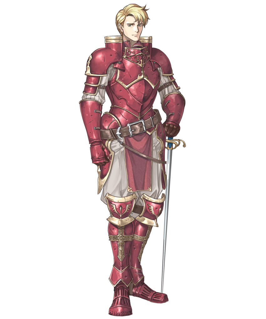 1boy amiba_(nerdamiba) armored_boots belt blonde_hair boots commentary_request fire_emblem fire_emblem:_genealogy_of_the_holy_war fire_emblem_heroes full_body gloves green_eyes highres male_focus naoise_(fire_emblem) solo sword transparent_background weapon