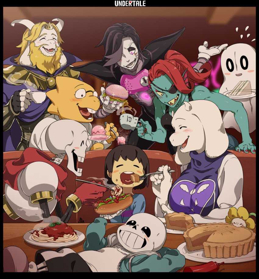 alphys animated_skeleton asgore_dreemurr beverage bone boss_monster bovid caprine english_text fish flora_fauna flowey_the_flower food ghost hi_res hot_dog human lizard machine mammal marine mettaton_ex napstablook papyrus_(undertale) pasta pie plant protagonist_(undertale) reptile robot sans_(undertale) scalie skeleton spaghetti spirit tea text toriel undead undertale undyne video_games zaemon