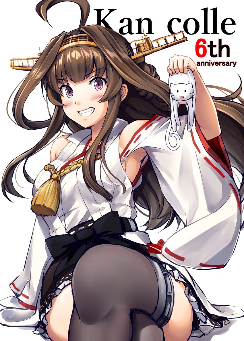 ahoge arm_support bare_shoulders batsubyou blush boots breasts brown_footwear brown_hair commentary_request crossed_legs detached_sleeves double_bun female grin hair_bun hairband headgear highres holding ichikawa_feesu japanese_clothes kantai_collection kongou_(kancolle) long_hair looking_at_viewer nontraditional_miko petticoat purple_eyes remodel_(kantai_collection) sidelocks sitting skirt smile solo thigh_boots thighhighs