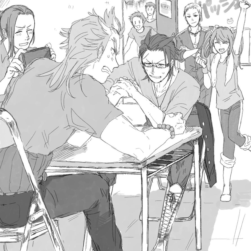 6+boys :d akai_suzaku arm_up arm_wrestling bandaid bandaid_on_face cellphone commentary_request crossdressing crossed_arms door glasses greyscale haramaki idolmaster idolmaster_side-m jumpsuit kimura_ryu kuroka_wa kurono_genbu kuzunoha_amehiko long_hair male_focus mizushima_saki monochrome multiple_boys open_mouth otoko_no_ko phone ponytail recording shingen_seiji shinsoku_ikkon_(idolmaster) smartphone smile twintails watanabe_minori |_|