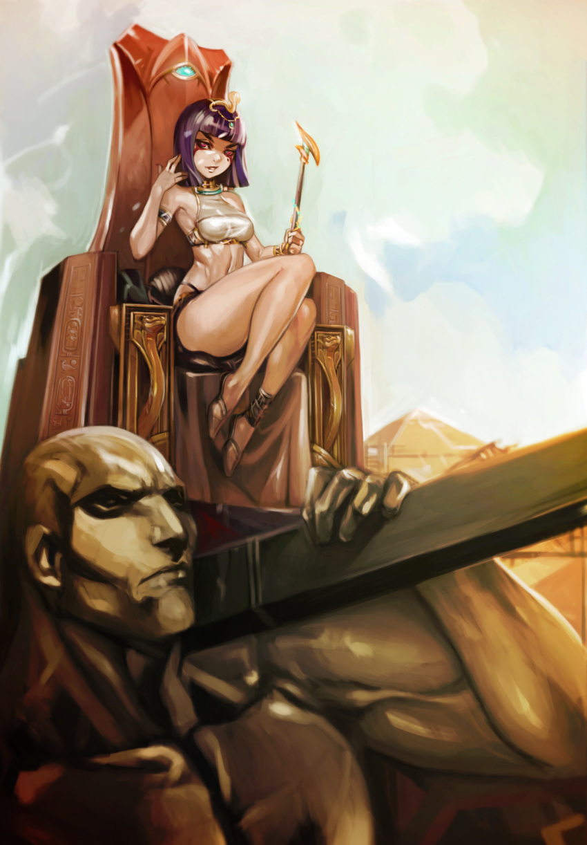 1boy absurdres bare_shoulders blunt_bangs bob_cut carrying_over_shoulder colored_skin crown diadem egyptian egyptian_clothes female filemonte gold headpiece highres jewelry litter_(vehicle) looking_at_viewer midriff mitos_y_leyendas mole navel purple_hair pyramid_(structure) red_eyes sandals scepter short_hair sitting sky thick_thighs thighs throne white_skin