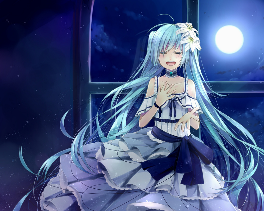 antenna_hair aqua_hair blue_hair blue_sash blush brooch choker closed_eyes cloud collarbone cowboy_shot dress duplicate facing_viewer female flat_chest flower full_moon hair_flower hair_ornament hand_on_own_chest hand_up hatsune_miku highres hoshiyui_tsukino indoors jewelry light_blue_hair light_particles lily_(flower) long_dress long_hair moon moonlight music night night_sky open_hand outstretched_hand sash singing sky solo spread_fingers twintails very_long_hair vocaloid white_flower white_lily window