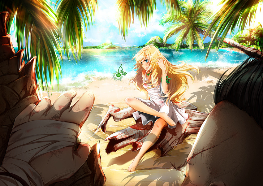 1boy bandages barefoot beach black_hair blonde_hair blue_eyes cherry_in_the_sun commentary_request commission day far_cry far_cry_3 female long_hair outdoors vaas_montenegro wind