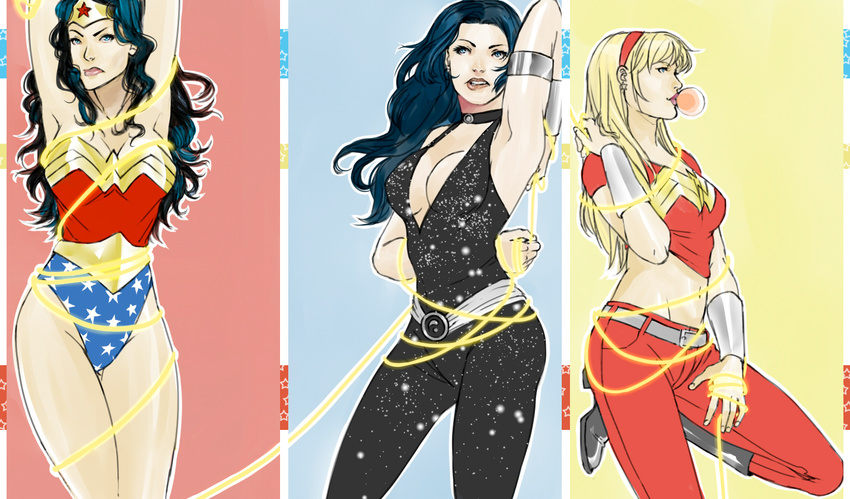 3girls amazon armband armor bangle bare_shoulders belt black_hair blonde_hair blue_eyes boots bracelet breasts bubble_gum bubblegum cassandra_sandsmark choker cleavage dc_comics donna_troy earrings family female hairband headband jewelry lasso leaning midriff multiple_girls realistic red_pants red_shirt rope shirt siblings sisters star star_print stars strapless superhero troia wallpaper wonder_girl wonder_woman wonder_woman_(series)