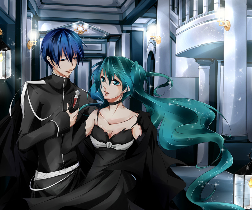 1boy bad_id bad_pixiv_id blue_hair cantarella_(vocaloid) female hatsune_miku highres kaito_(vocaloid) long_hair sakurai_(hai_haru) twintails very_long_hair vocaloid