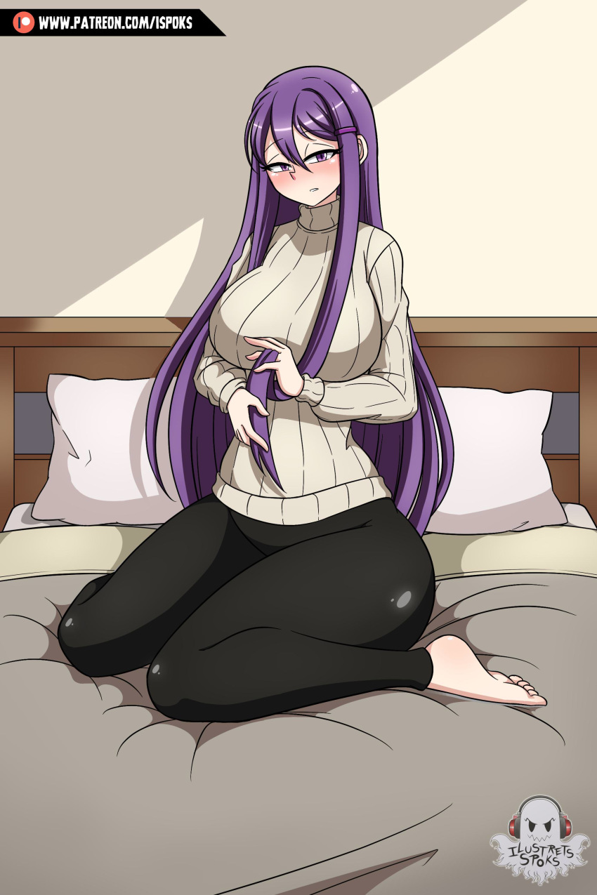 1girls barefoot bed big_breasts blanket blush breasts busty clothed clothing cute doki_doki_literature_club feet female female_only ilustretsspoks large_breasts long_hair looking_at_viewer on_bed pants pillow purple_hair sheet sheets solo sweater thick thick_thighs thighs yuri_(doki_doki_literature_club)