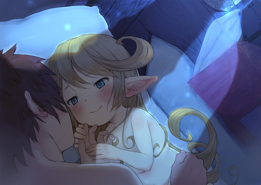 1boy blonde_hair blue_eyes blush brown_hair charlotta_(granblue_fantasy) closed_mouth commentary_request dutch_angle ear_blush eye_contact female gran_(granblue_fantasy) granblue_fantasy harvin hidden_face highres holding_hands long_hair looking_at_another lying night nude on_side pillow pointy_ears size_difference smile straight walkalone