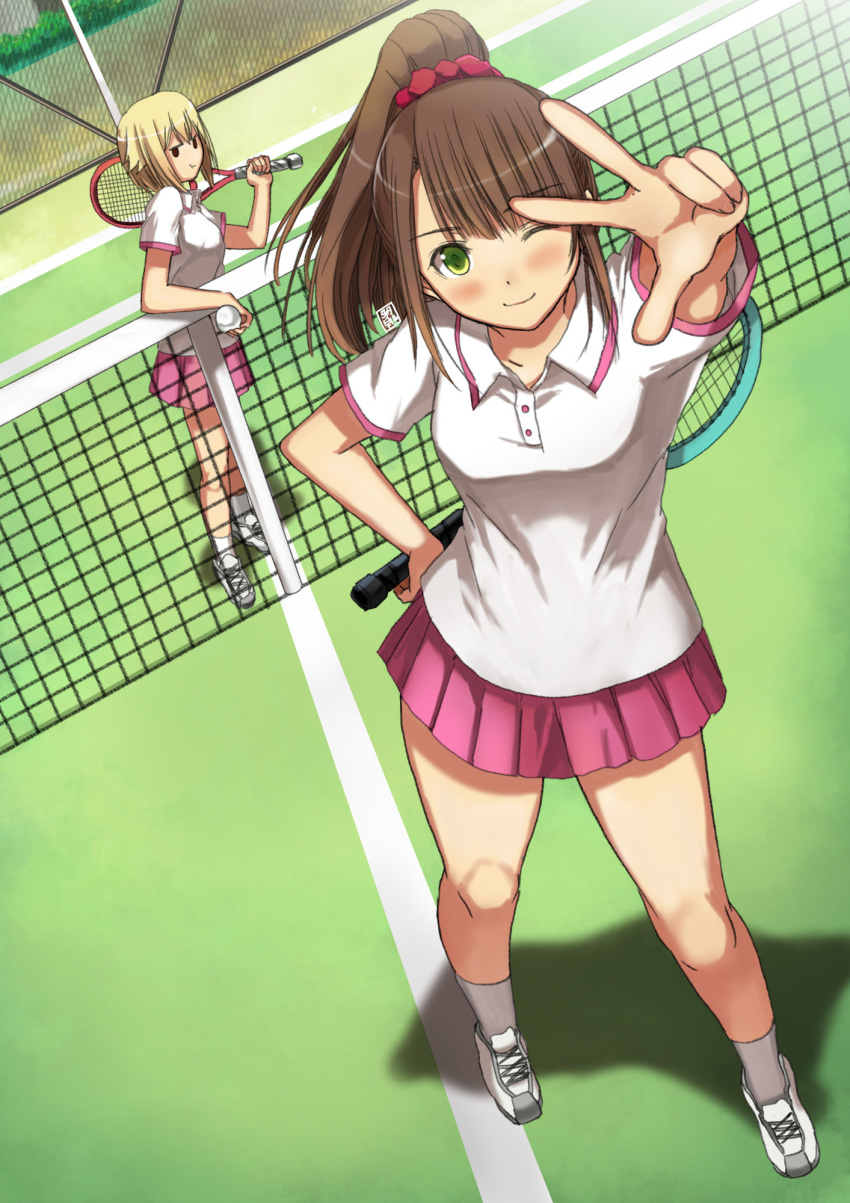 2girls ball blonde_hair brown_hair commentary english_commentary garimpeiro gimp_(medium) green_eyes hand_on_own_hip highres hitoribocchi_no_marumaru_seikatsu holding holding_ball holding_racket honshou_aru long_hair miniskirt multiple_girls one_eye_closed over_shoulder pink_skirt ponytail racket red_eyes short_hair skirt sunao_nako tennis tennis_ball tennis_racket tied_hair w