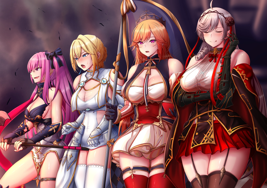 4girls :d absurdres algerie_(azur_lane) azur_lane bad_id bad_pixiv_id bare_shoulders blonde_hair blue_eyes blush bow breasts brown_hair brown_thighhighs chin_gero cleavage cleavage_cutout closed_eyes closed_mouth clothing_cutout commentary_request crown dress fingerless_gloves garter_straps gauntlets gloves grey_hair hair_bun hairbow highres holding holding_staff holding_weapon jeanne_d'arc_(azur_lane) la_galissonniere_(azur_lane) large_breasts licking_lips long_hair mole mole_under_eye multiple_girls open_mouth pleated_skirt purple_eyes purple_hair red_skirt red_thighhighs richelieu_(azur_lane) sidelocks single_hair_bun skirt smile squatting staff standing strapless strapless_dress striped striped_sleeves swept_bangs thigh_strap thighhighs thighs tongue tongue_out vertical-striped_sleeves vertical_stripes weapon white_skirt white_thighhighs