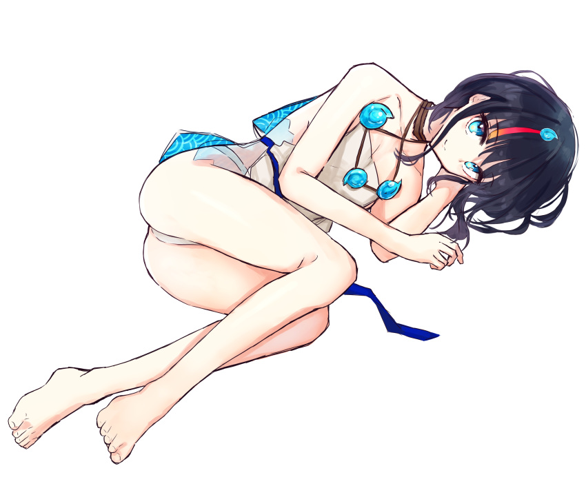 absurdres aitekku ass bad_id bad_pixiv_id bare_shoulders barefoot black_hair blue_eyes blue_ribbon blush breasts closed_mouth collarbone dress fate/grand_order fate/requiem fate_(series) feet female fundoshi highres japanese_clothes jewelry large_breasts legs looking_at_viewer lying magatama magatama_hair_ornament medium_hair multicolored_hair necklace on_side pelvic_curtain pink_hair ribbon seigaiha short_dress sideboob sideless_outfit sidelocks sleeveless sleeveless_dress smile solo streaked_hair thighs utsumi_erice white_dress