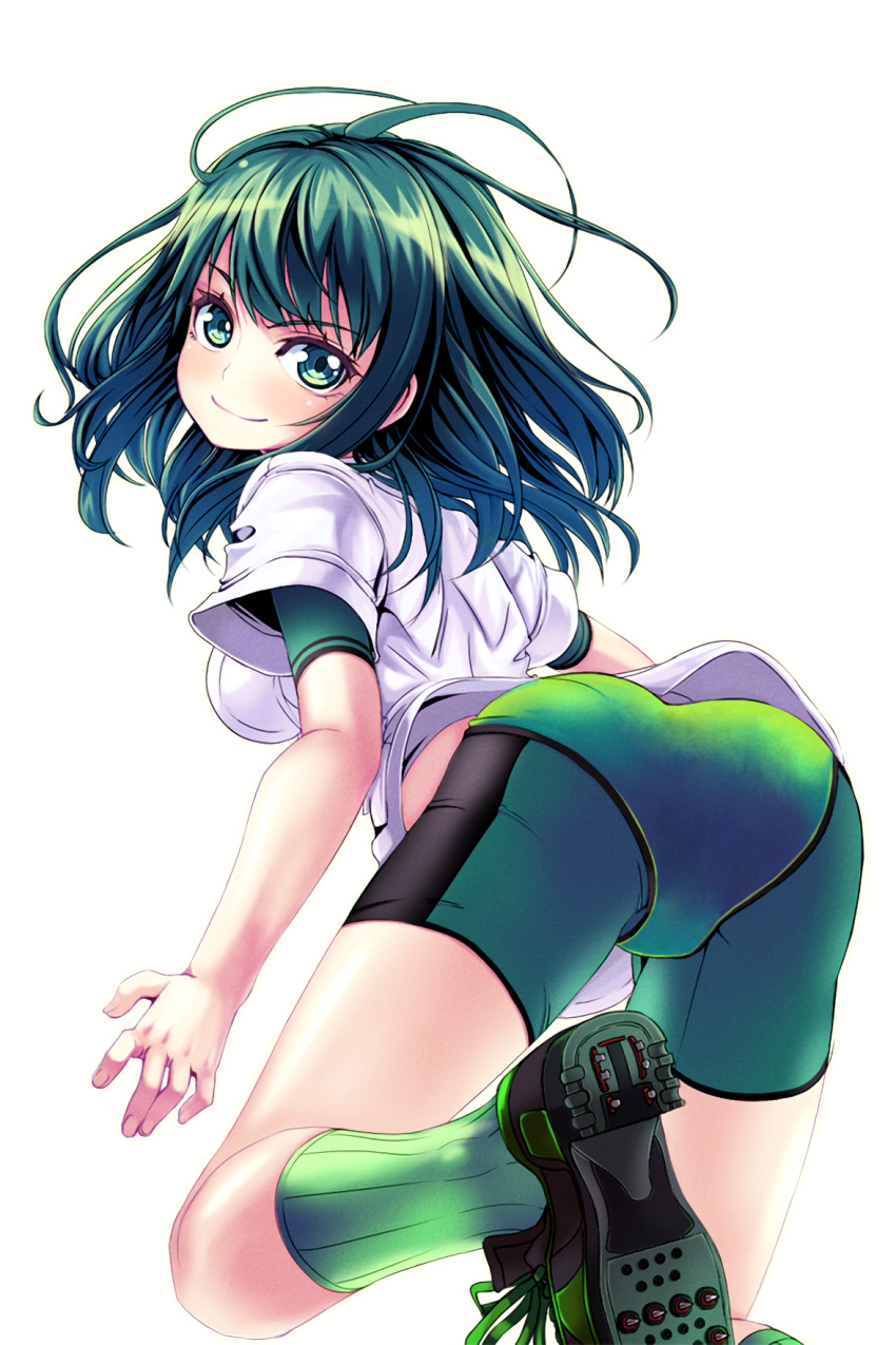 ass bike_shorts breasts cleats female green_eyes green_footwear green_hair green_panties highres jill_(soccer_spirits) large_breasts looking_at_viewer official_art panties pantyshot reason_(ficafe) resized shirt shoe_soles shoes short_hair smile soccer_spirits socks solo third-party_source transparent_background underwear upscaled white_shirt