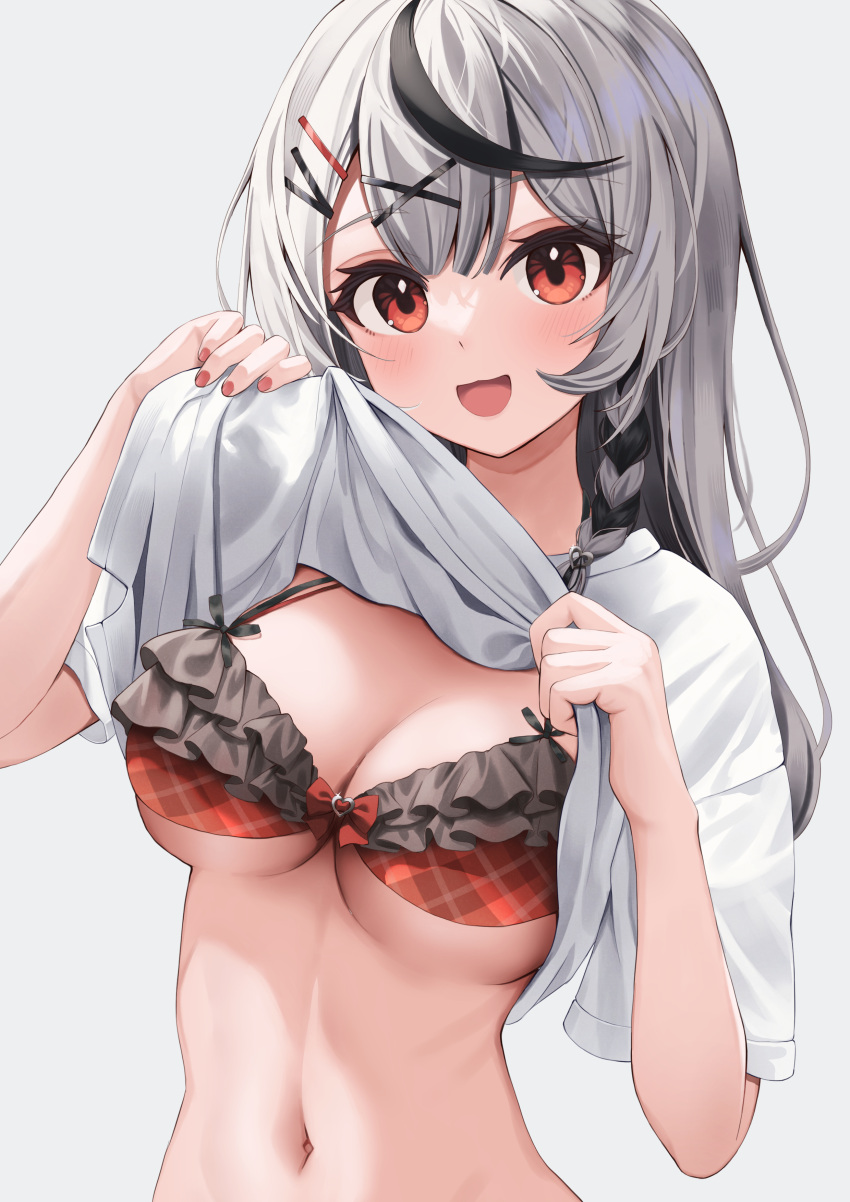 :d absurdres bikini bikini_top_only black_hair blush braid breasts clothes_lift female fingernails grey_background grey_hair hair_ornament highres hololive lifting_own_clothes long_hair looking_at_viewer medium_breasts multicolored_hair nail_polish navel nikahoshikuzu red_bikini red_eyes red_nails sakamata_chloe shirt shirt_lift short_sleeves simple_background single_braid smile solo swimsuit two-tone_hair virtual_youtuber white_shirt x_hair_ornament