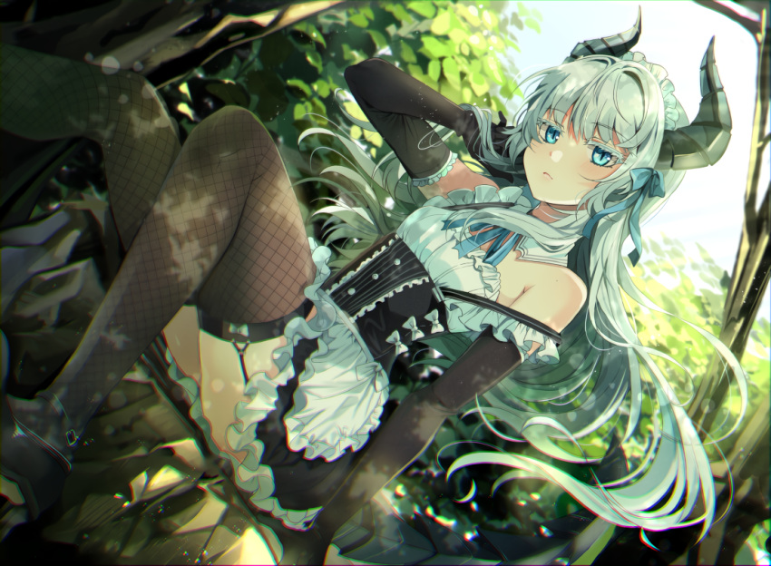 aliasing chocho_(homelessfox) horns long_hair maid original stockings