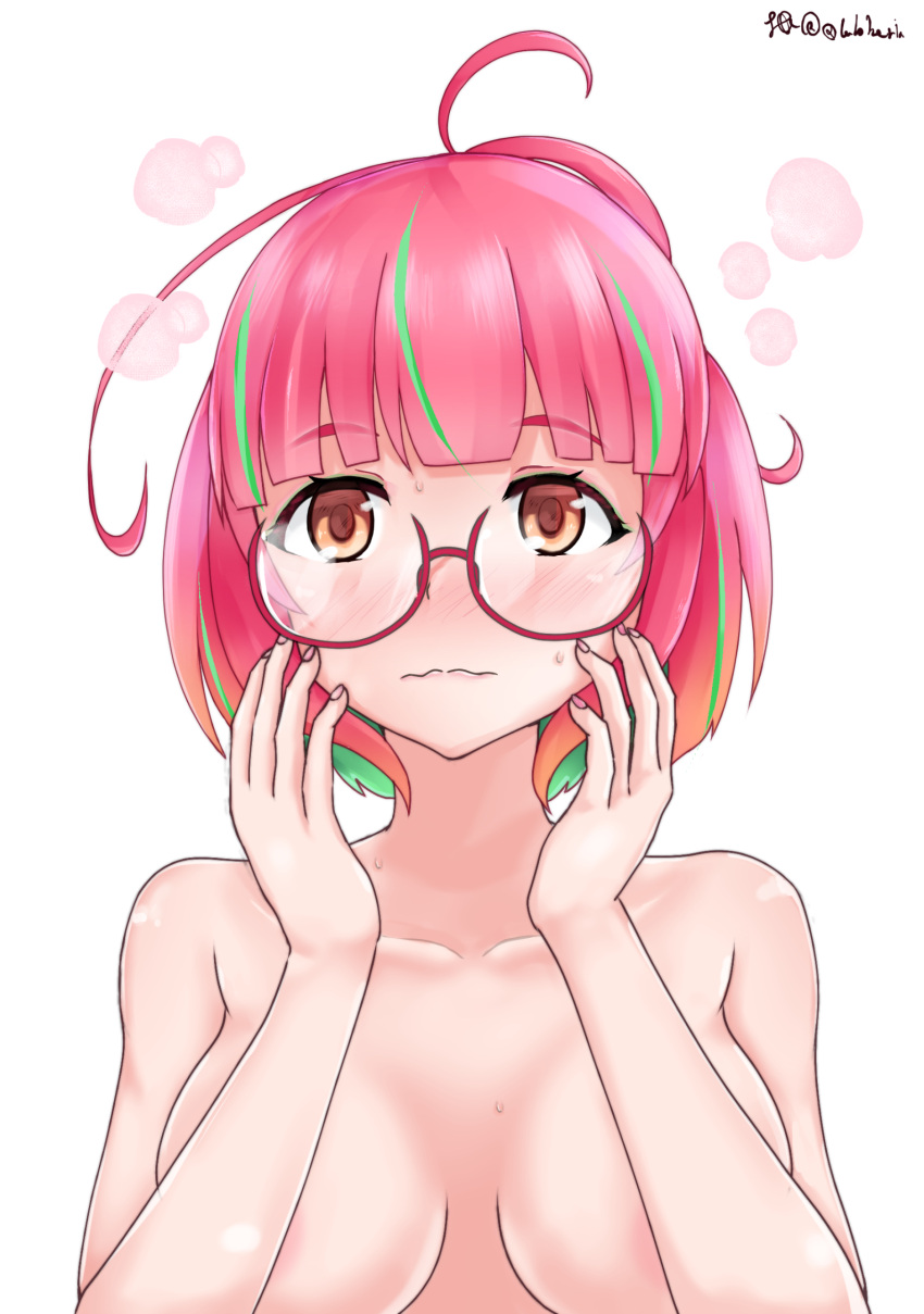 ahoge blush bob_cut breasts brown_eyes closed_mouth collarbone commentary convenient_arm female glasses green_hair highres kantai_collection large_breasts multicolored_hair nose_blush nude pink-framed_eyewear pink_hair ponytail shirokuni_ochiho short_hair simple_background solo streaked_hair ume_(kancolle) upper_body wavy_mouth white_background