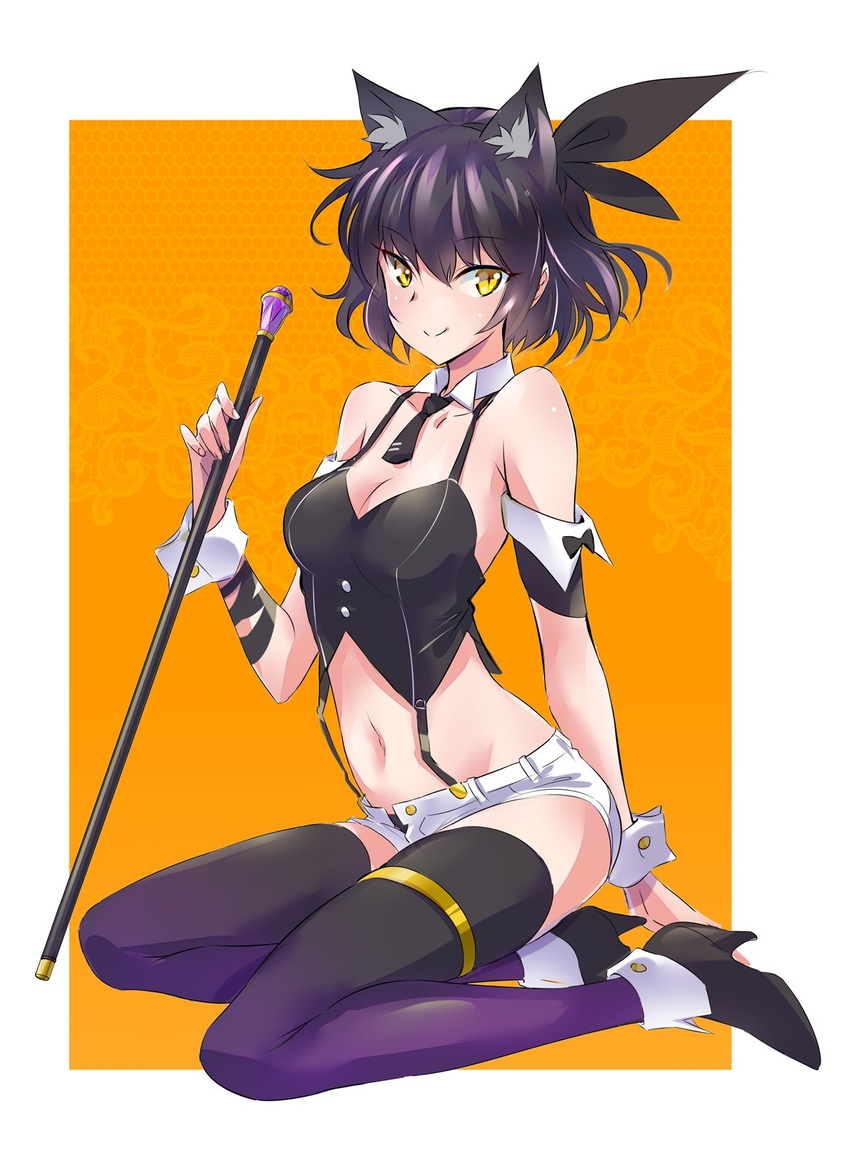 animal_ears black_hair black_necktie black_thighhighs blake_belladonna bow cane cat_ears detached_collar detached_sleeves female hairbow highres iesupa medium_hair necktie rwby short_necktie short_shorts shorts solo suspenders thighhighs wrist_cuffs yellow_eyes